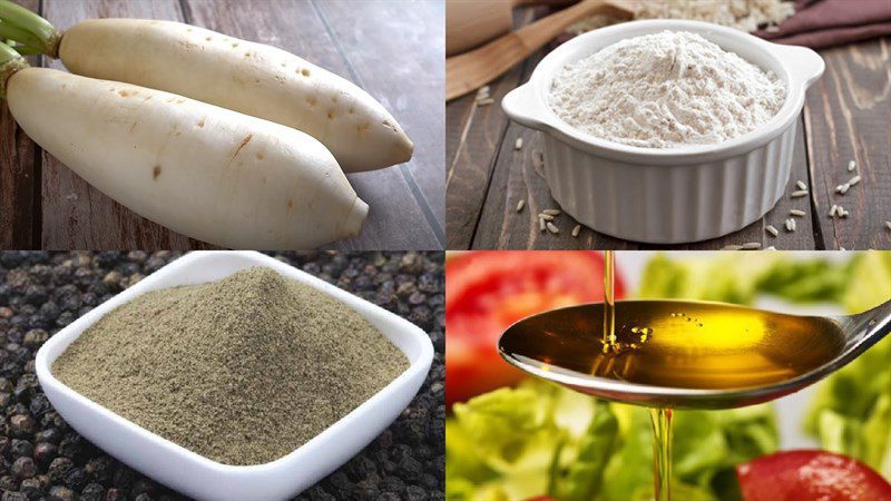 Ingredients for vegetarian steamed radish cake and savory stuffed radish cake