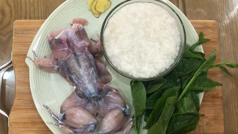 Ingredients for frog porridge with water spinach and frog porridge with water spinach