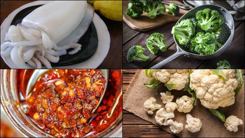 Ingredients for stir-fried squid with satay and broccoli