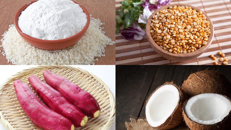 Ingredients for fried syrup cakes with green bean and coconut filling