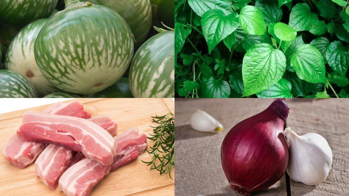 Ingredients for the dish of stir-fried eggplant with garlic, betel leaves, and meat