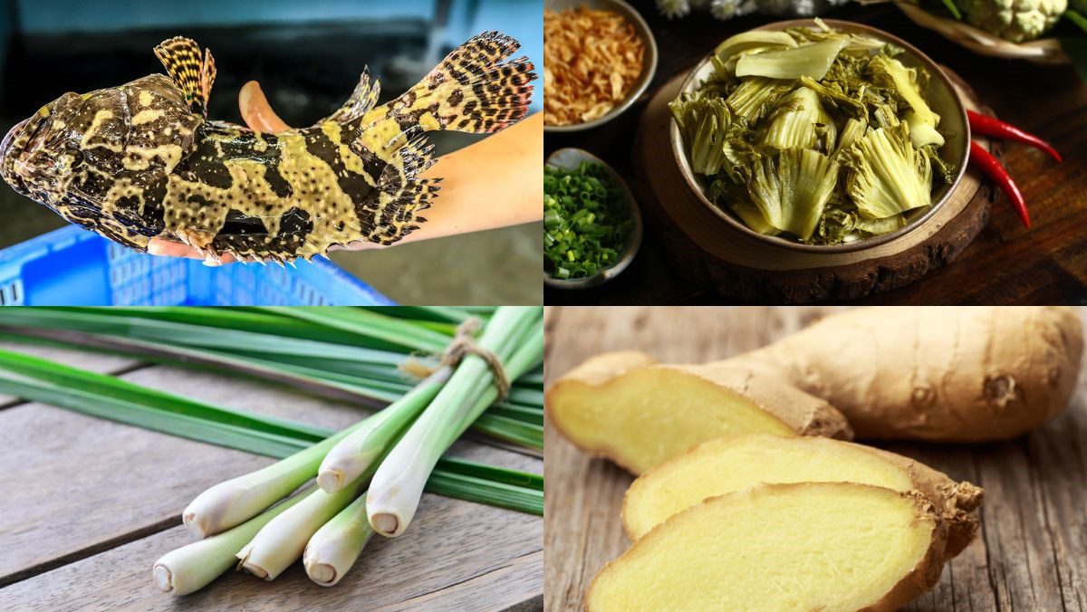 Ingredients for the delicious recipe of steamed grouper with pickled mustard greens using an electric hot pot with steaming function