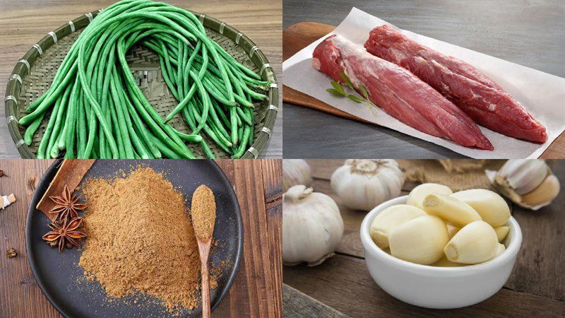 Ingredients for stir-fried green beans with beef and pork