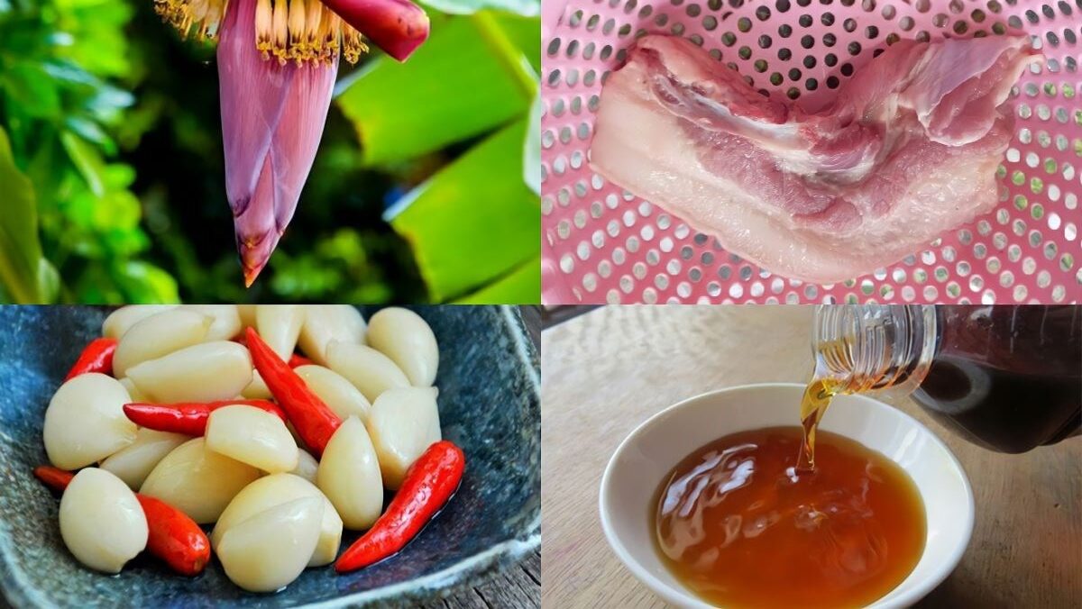 Ingredients for the dish of stir-fried banana flower with pork