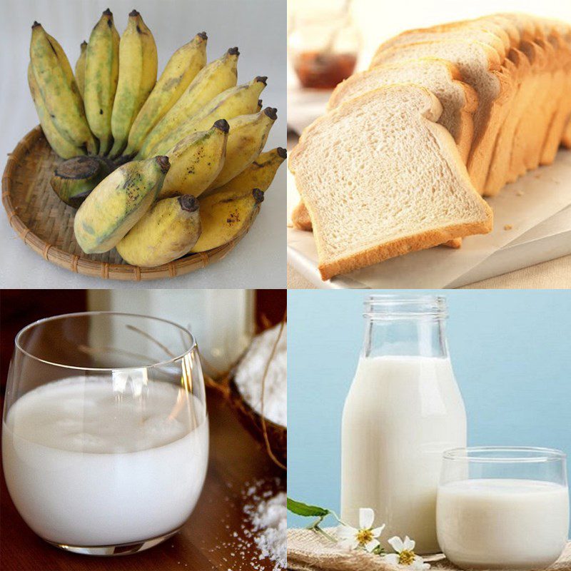 Ingredients for 3 ways to make baked banana cake with fresh milk and coconut milk