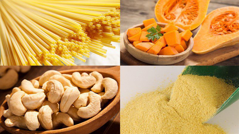 Ingredients for creamy pumpkin pasta, mushroom cream, pumpkin cream, and avocado cream