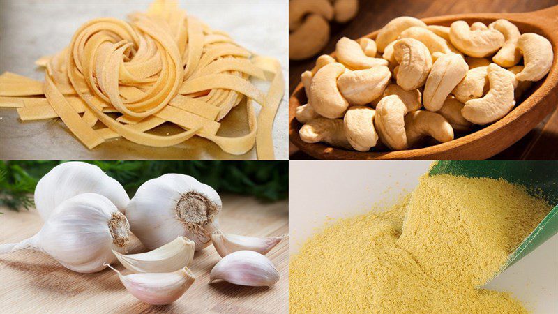 Ingredients for vegetarian creamy pasta with mushroom cream, pumpkin cream, and avocado cream