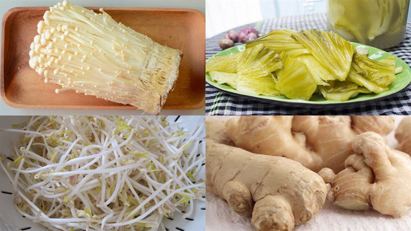 Ingredients for stir-fried enoki mushroom, bean sprouts, and broccoli dish