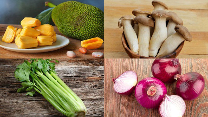 Ingredients for the dish of stir-fried jackfruit with vegetarian chicken leg mushrooms