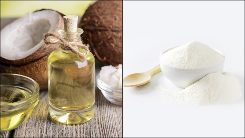 Ingredients for white chocolate dish with coconut oil and milk powder