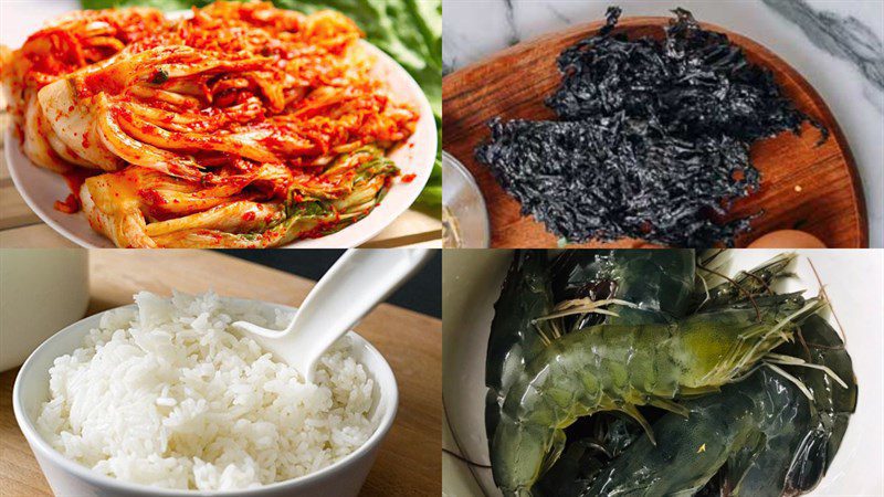 Ingredients for kimchi fried rice with shrimp and seaweed