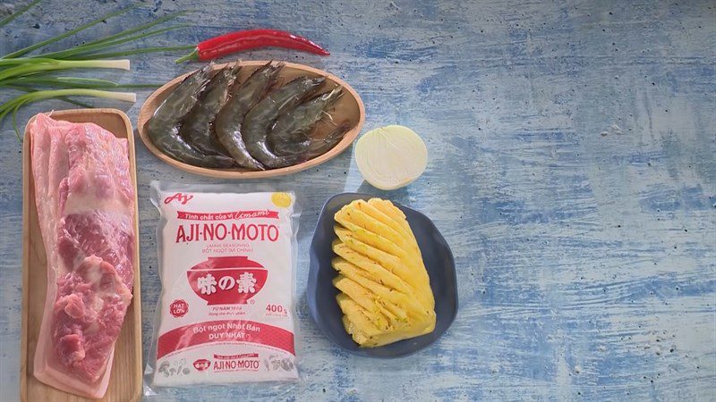 Ingredients for shrimp stir-fried with pineapple and shrimp cooked in coconut milk