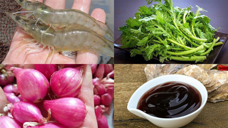 Ingredients for stir-fried rice paddy herb (tần ô) with fresh shrimp