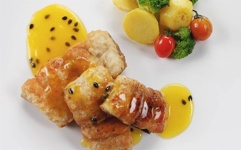 Basa fish fillet with passion fruit sauce