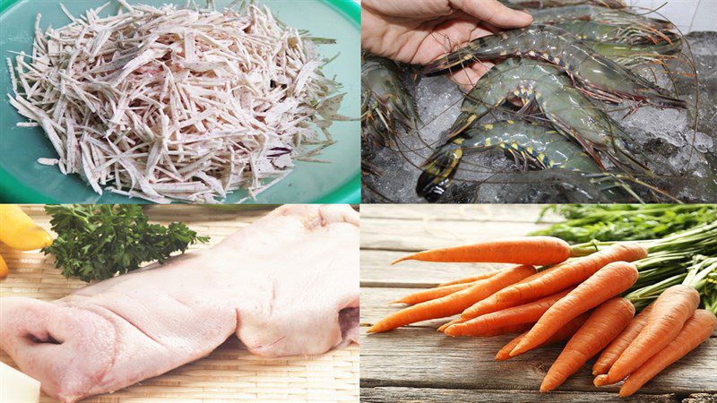 Ingredients for the dish of taro salad with shrimp and meat