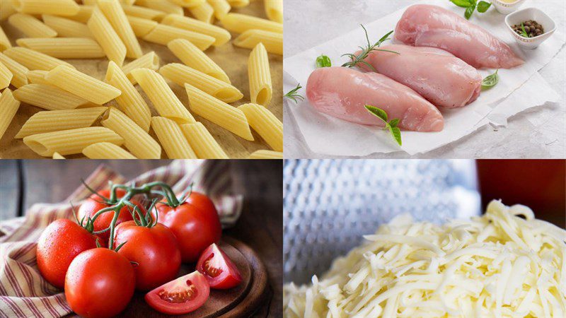 Ingredients for chicken tomato cheese pasta dish