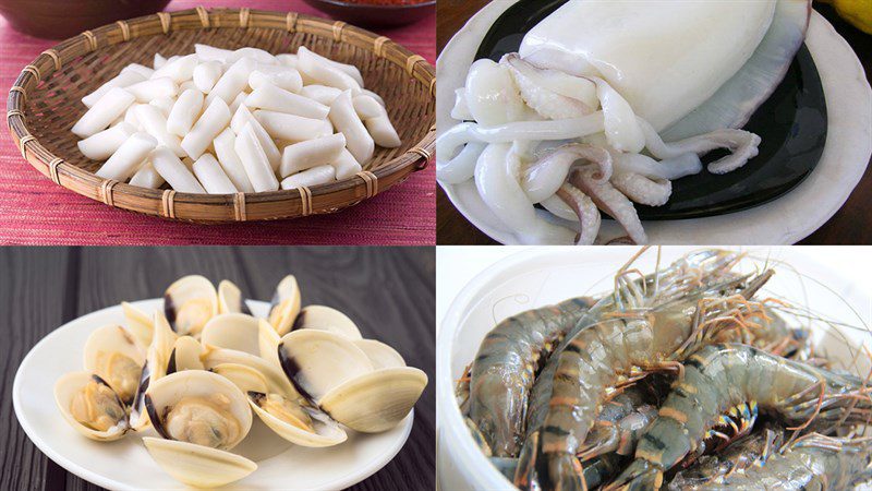 Ingredients for stir-fried rice cake dish with seafood