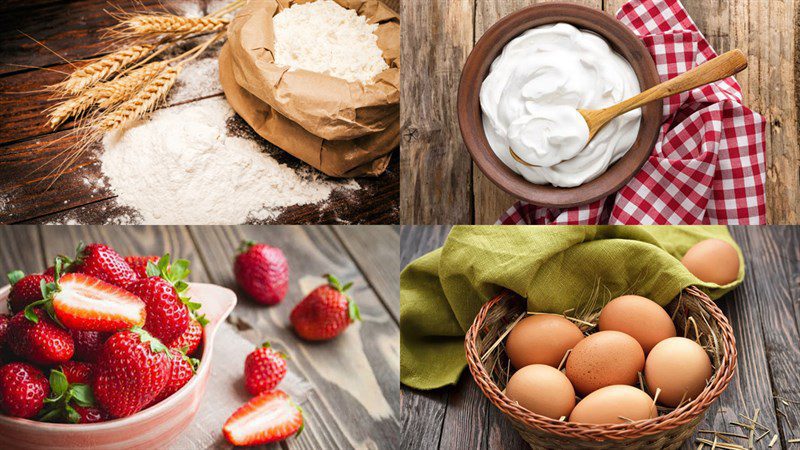 Ingredients for heart-shaped chocolate cake, heart-shaped strawberry chocolate cake, mini heart-shaped cake, heart-shaped kiwi cake