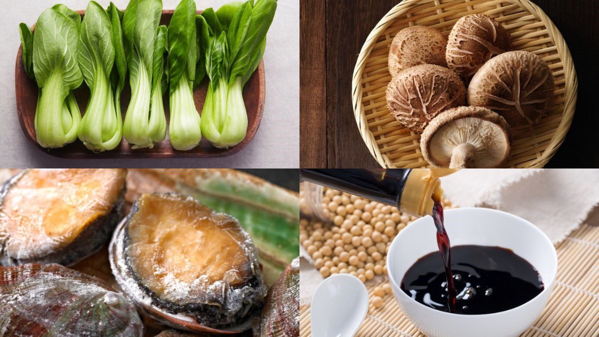 Ingredients for the dish on how to make abalone stir-fried with shiitake mushrooms using a deep non-stick pan with a lid