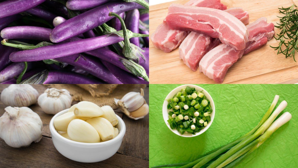 Ingredients for making stir-fried eggplant with pork belly