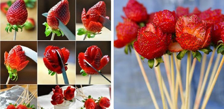 Carving strawberries into plump red flowers