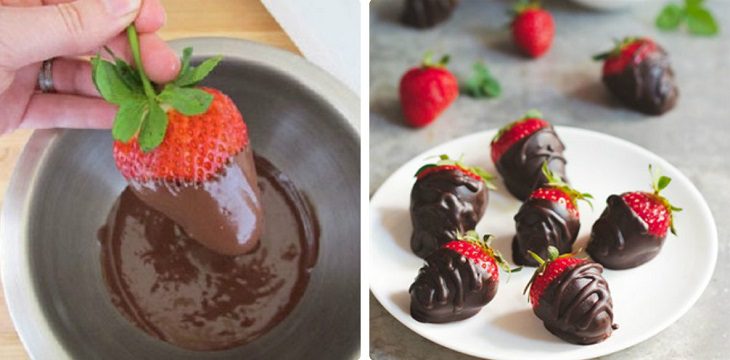 Dipping strawberries in melted chocolate, letting them dry and decorating the cake