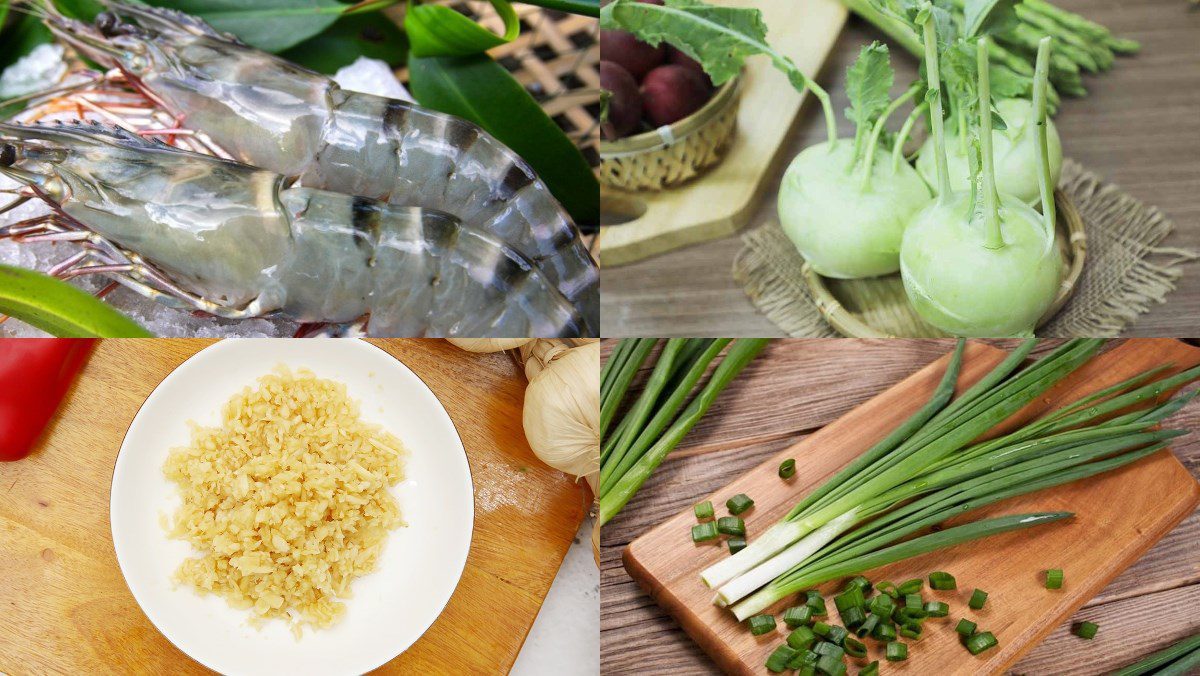 Ingredients for the dish of kohlrabi stir-fried with fresh shrimp