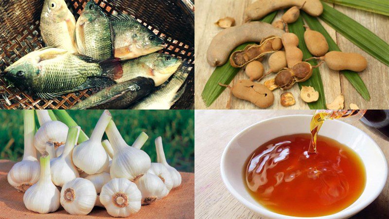 Ingredients for 3 ways to make braised snakehead fish with pickled vegetables, lemongrass, tamarind