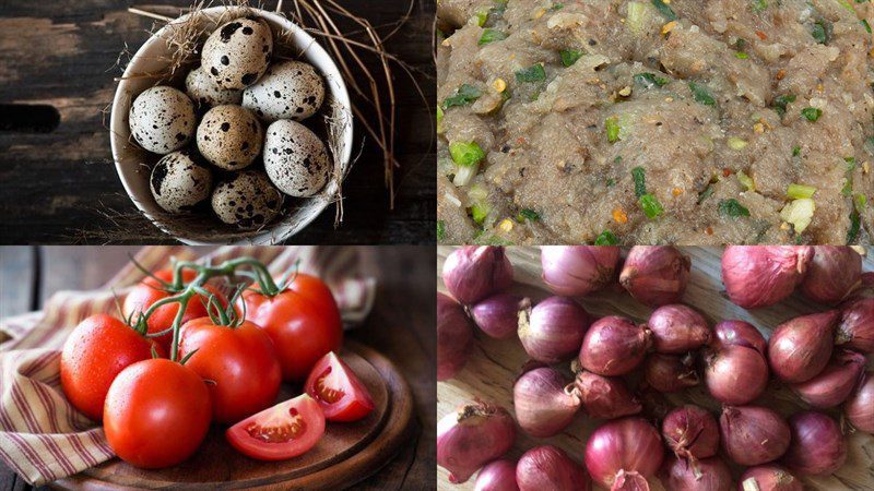 Ingredients for the dish of fish cake wrapped in quail eggs with tomato sauce