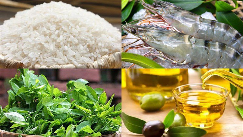 Ingredients for shrimp soup with water spinach and moringa leaves