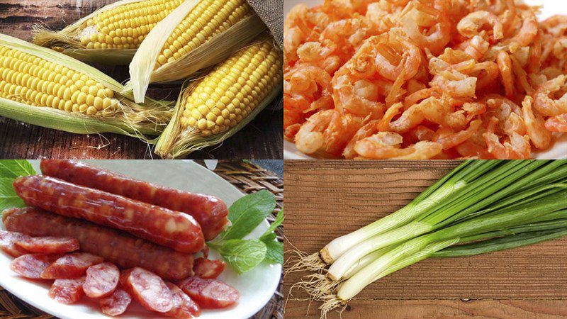 Ingredients for the dish of stir-fried corn with dried shrimp and sausage