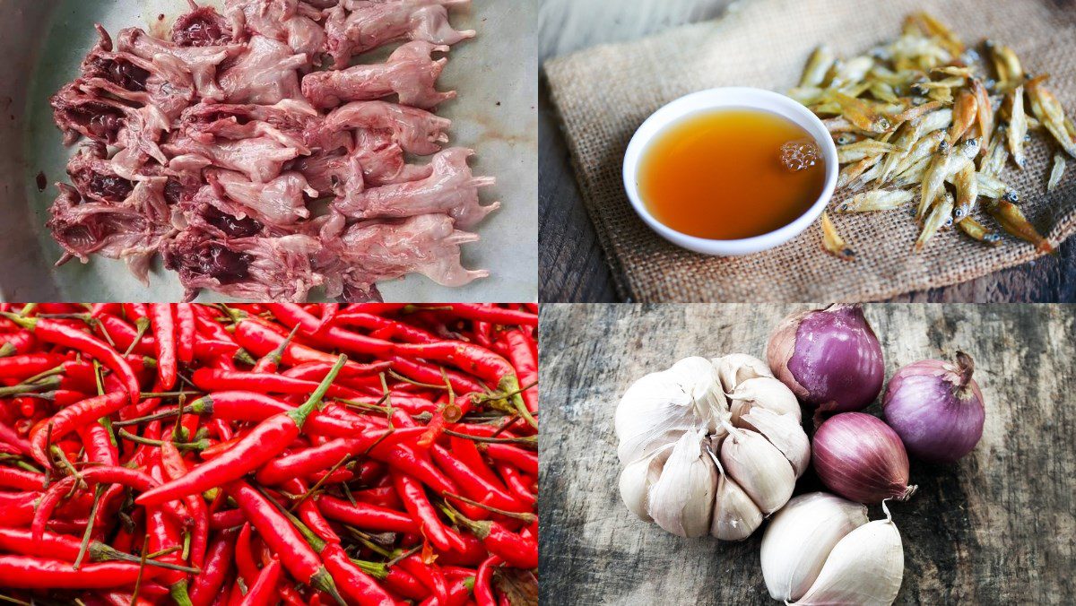 Ingredients for the dish of 2 ways to make fried mouse with fish sauce, fried mouse with lemongrass and chili