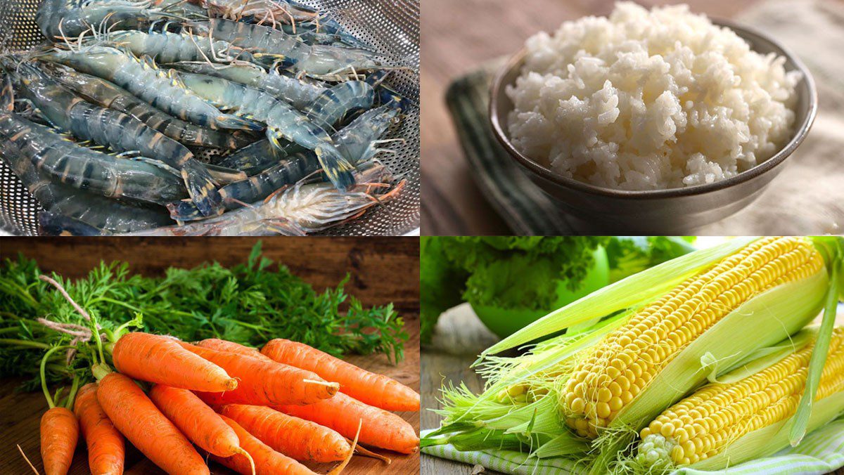 Ingredients for making shrimp egg fried rice