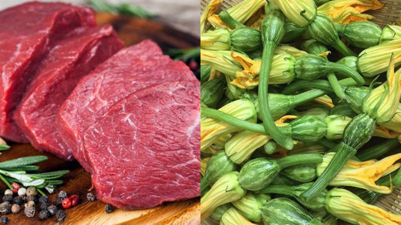 Ingredients for stir-fried pumpkin buds with beef