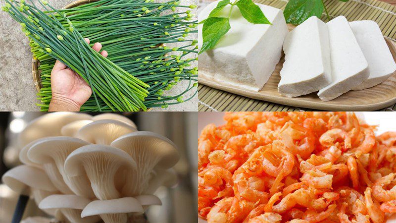 Ingredients for chive soup with tofu and mushrooms