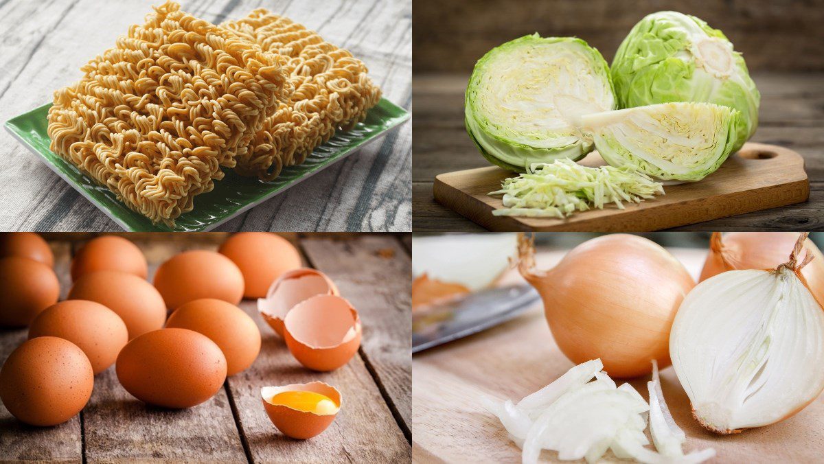 Ingredients for stir-fried instant noodles with eggs and cabbage