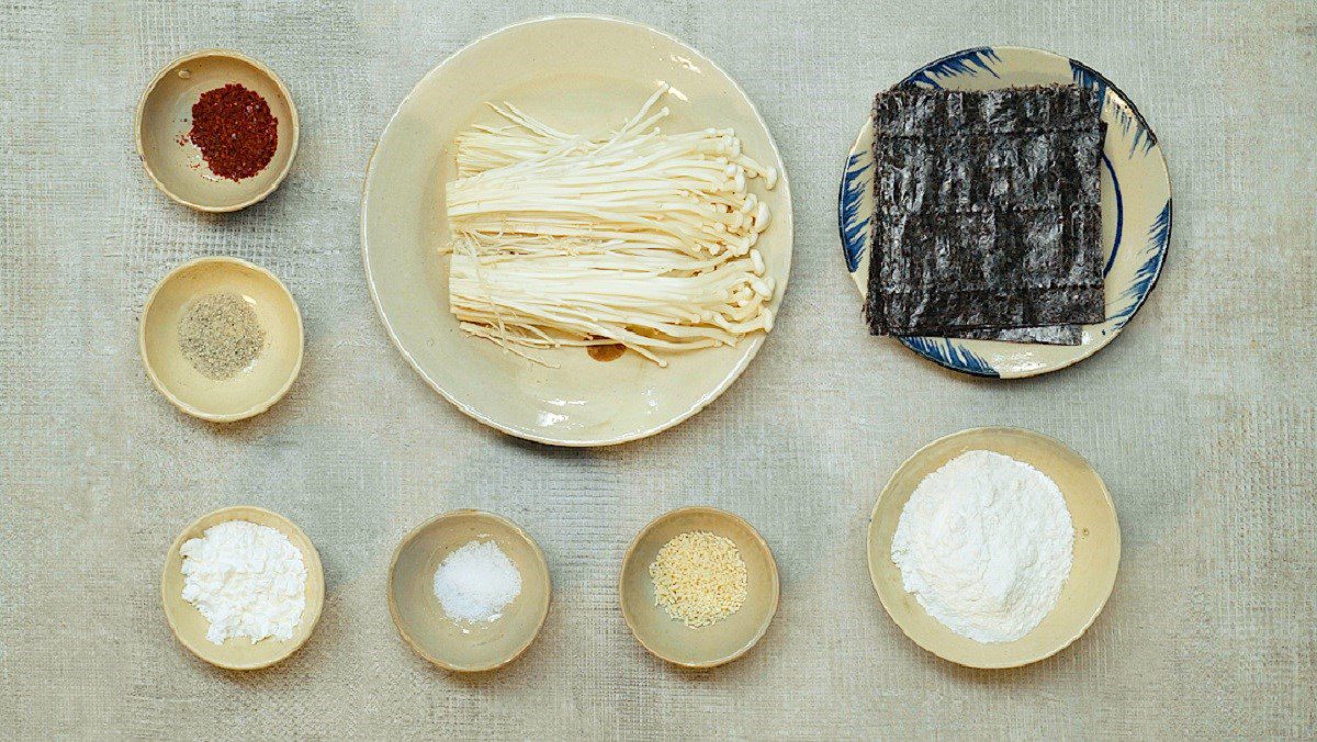 Ingredients for crispy fried enoki mushroom dish