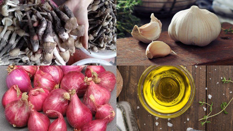 Ingredients for the dish with 2 methods of making garlic fried termite mushrooms and chili salt fried termite mushrooms