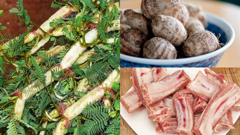 Ingredients for taro soup with water spinach (water lily) with ribs and crab