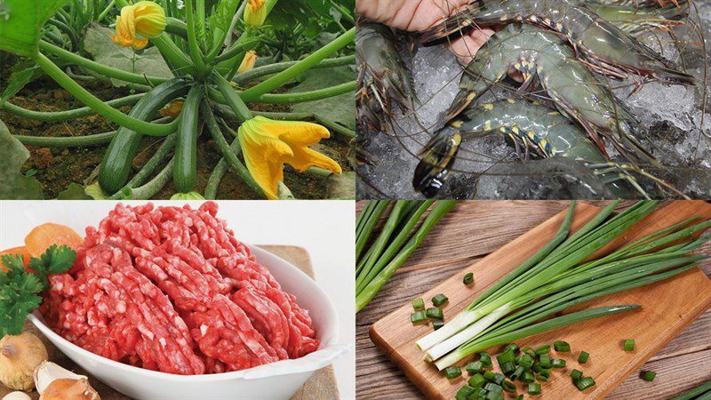 Ingredients for zucchini soup stuffed with shrimp and meat