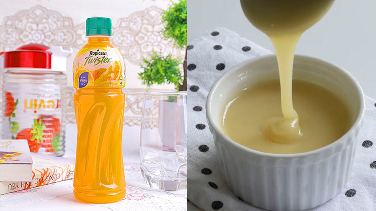 Ingredients for orange juice with tea bag, condensed milk orange juice, orange juice with honey