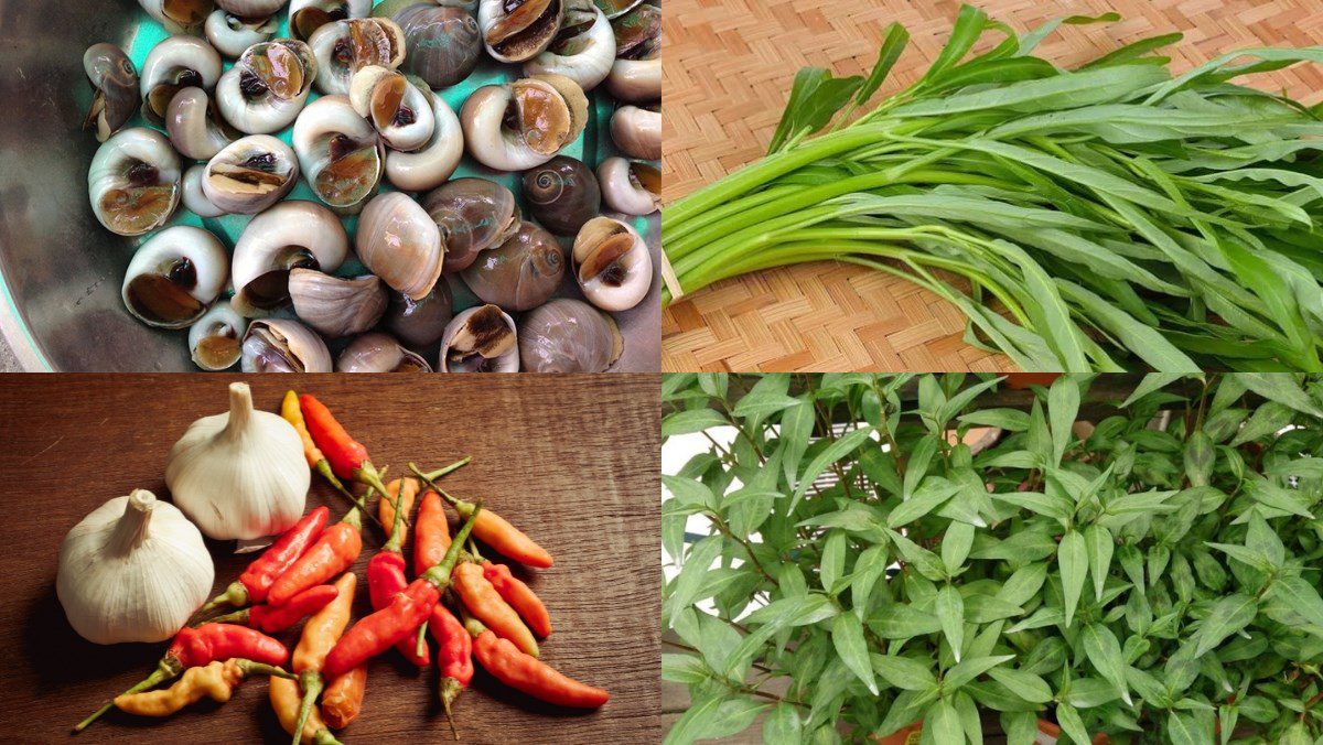 Ingredients for the dish on how to make stir-fried snails with tamarind