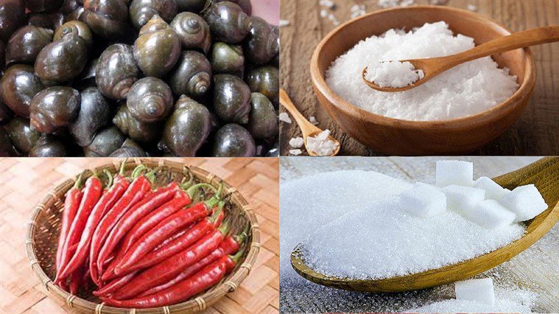 Ingredients for grilled apple snails with fish sauce and chili salt