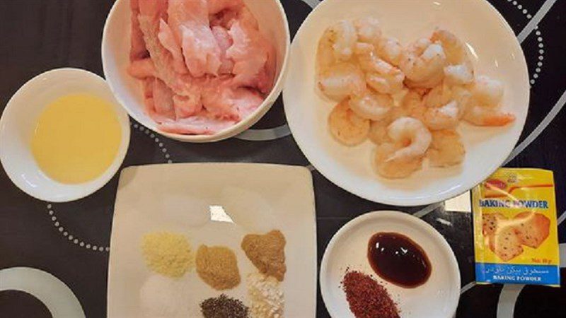 Ingredients for shrimp fish cakes, shrimp fish cakes with tomato sauce