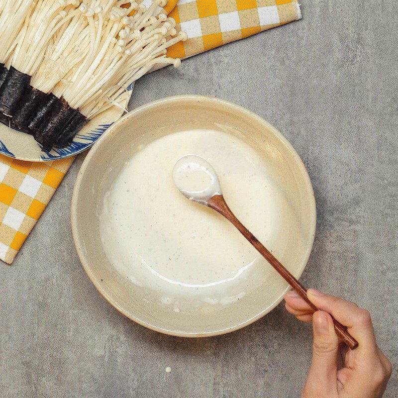 Step 3 Prepare the batter mixture Crispy enoki mushrooms wrapped in seaweed