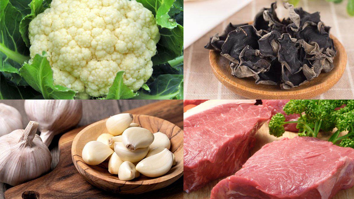 Ingredients for stir-fried white cauliflower with mushrooms