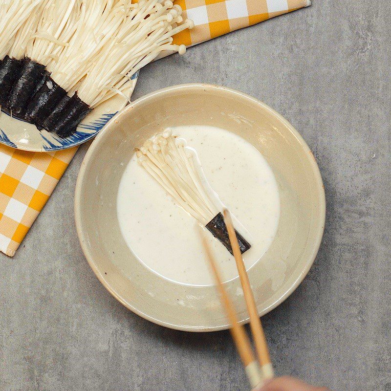 Step 5 Coat with Flour and Fry the Mushrooms Crispy Fried Enoki Mushroom Wrapped in Seaweed