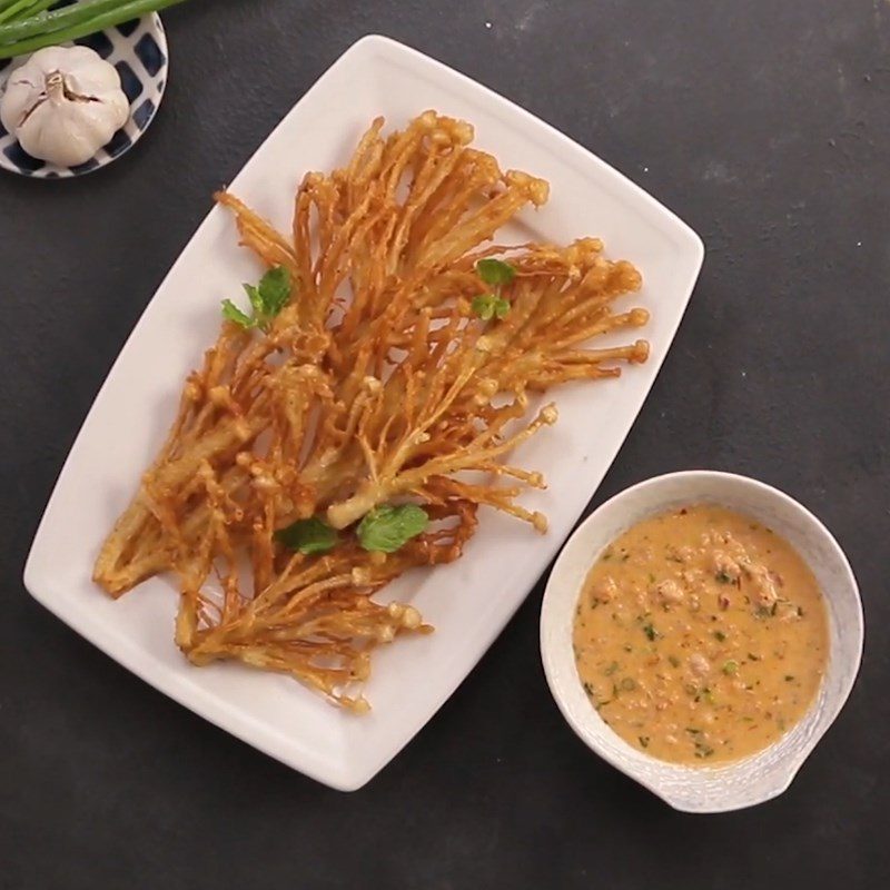 Step 7 Final product Fried enoki mushrooms with shrimp and meat sauce