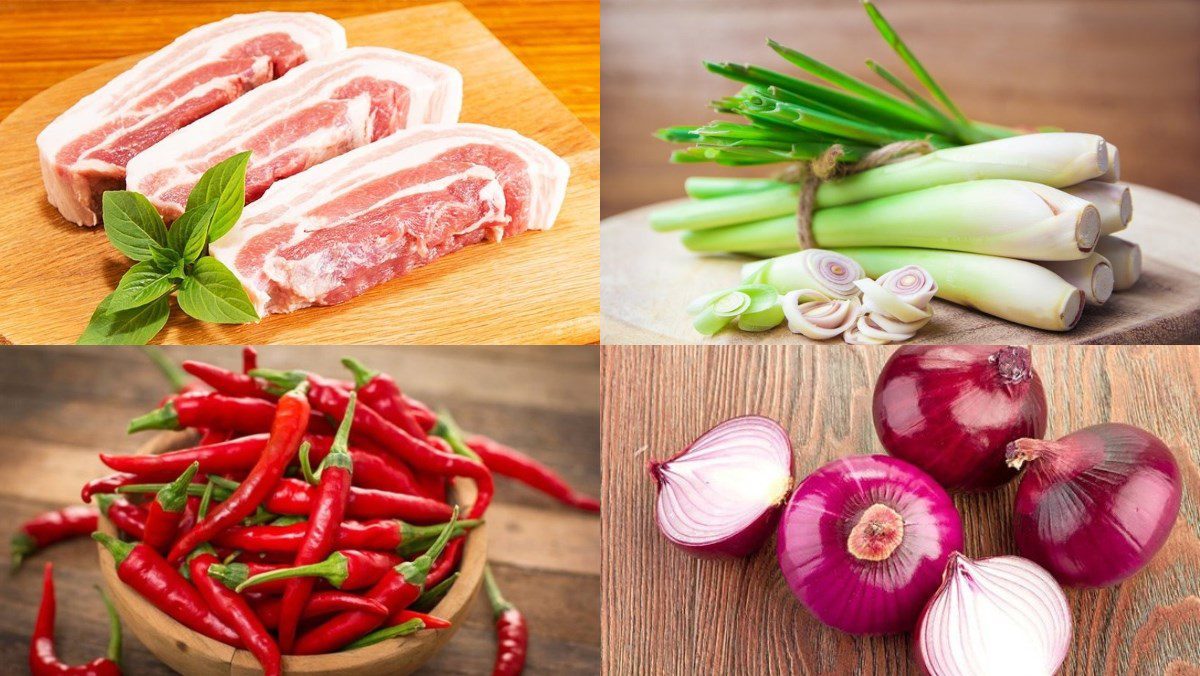 Ingredients for pork dish - stir-fried pork belly with lemongrass and chili