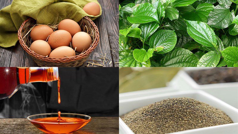 Ingredients for the dish of fried eggs with minced meat and wild betel leaves